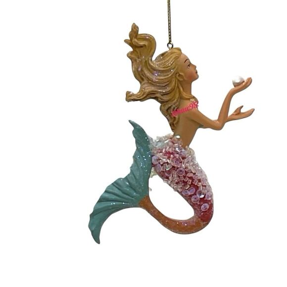 Mermaid Christmas Ornament Pearl Sequin Tail Hand Painted Ocean Fantasy Decor - Picture 6 of 8